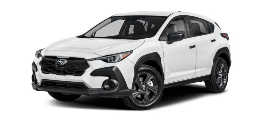 White Subaru crossover SUV photographed from a three-quarter front-left view on a white background.